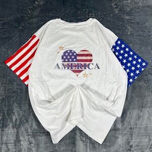 90's America Flag Sleeved White Graphic T-Shirt - one size (XL/2XL)